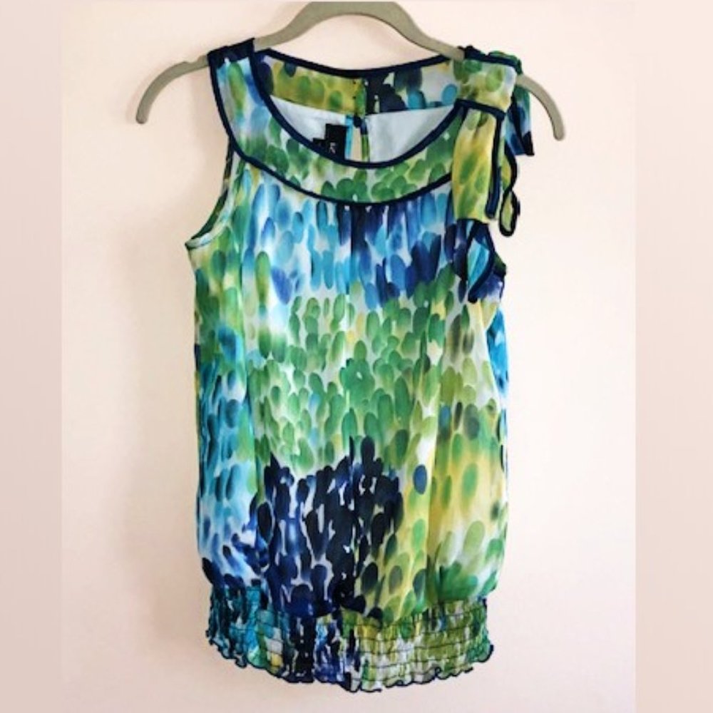 Iz Byer Blue Green Multi-Print Sleeveless Tie-Shoulder Tank